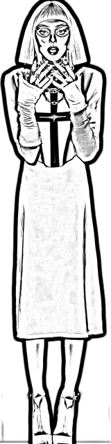 Free colorable bookmarks of a gothic woman with a cross on her chest